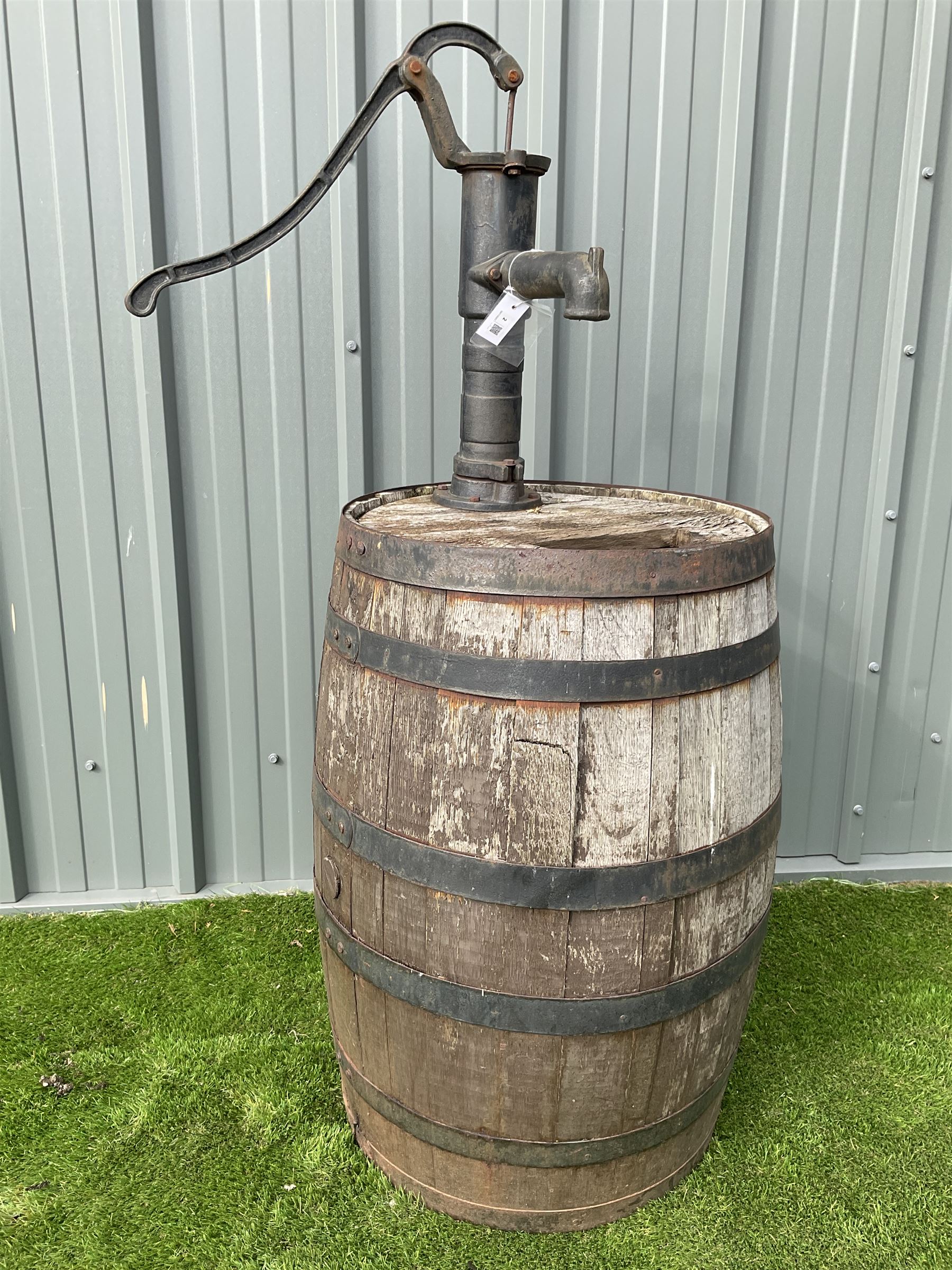 Coopered barrel with cast iron pump