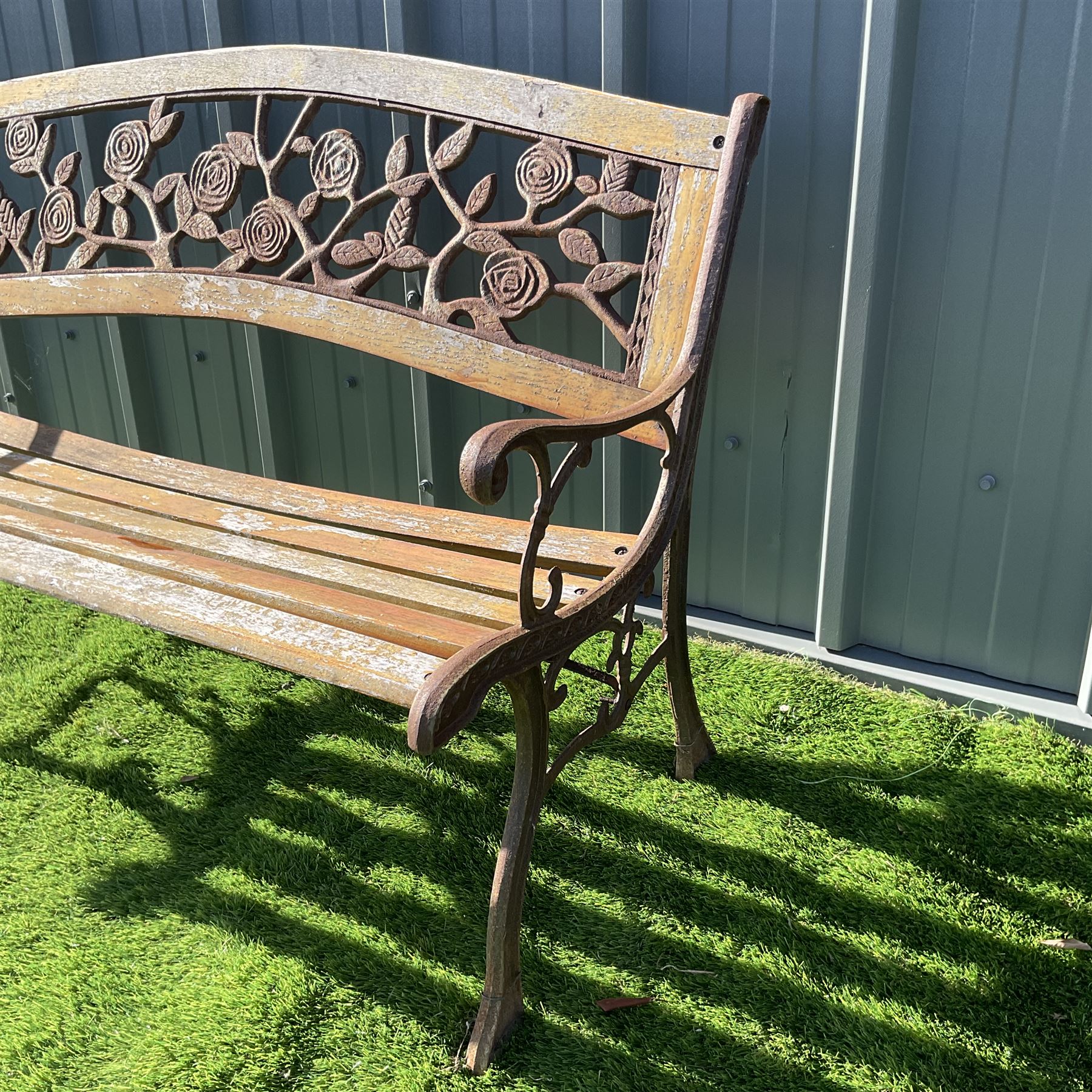 Cast iron an wood slat bench with rose design back rest - Image 2 of 5