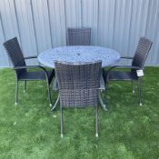 Cast aluminium garden table and four rattan chairs