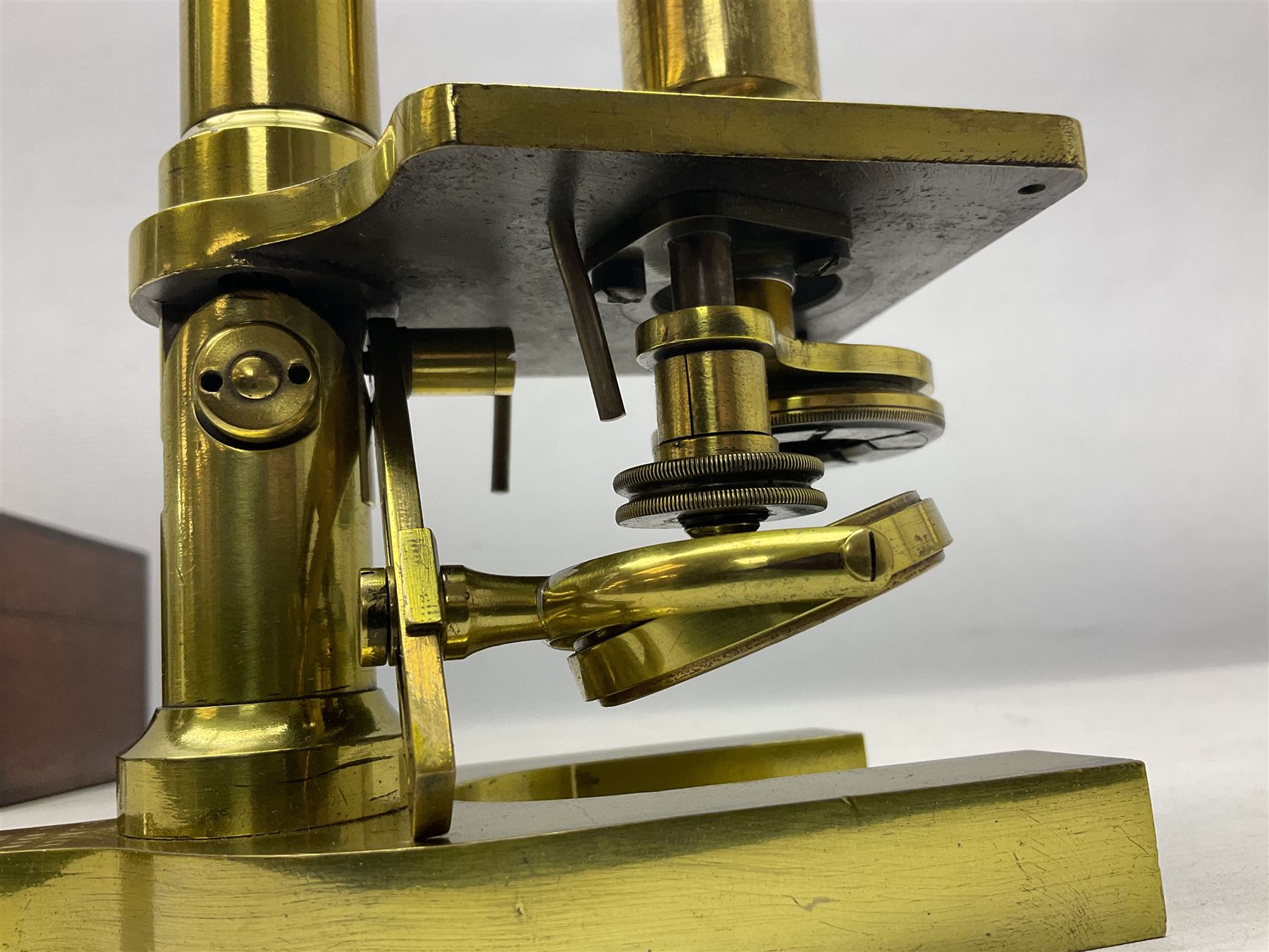 19th century brass monocular microscope by R. & J. Beck London No.18760 with hinged column and pitch - Image 3 of 12