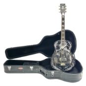 Ozark metal cased resonator guitar with all over chased foliate decoration to the polished finish an