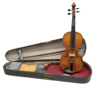 German trade violin c1900 with 36cm one-piece maple back and ribs and spruce top L59cm overall; in e