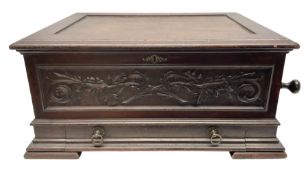 Late 19th century large Stella mahogany cased phonograph with carved front panel and base drawer con