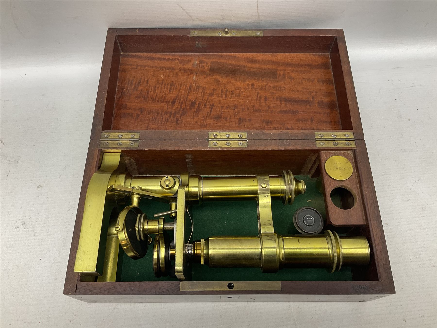 19th century brass monocular microscope by R. & J. Beck London No.18760 with hinged column and pitch - Image 10 of 12
