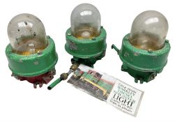 Railway Interest - three 1950s Barkley Diesel Shunter lights with green painted metal bodies and dom