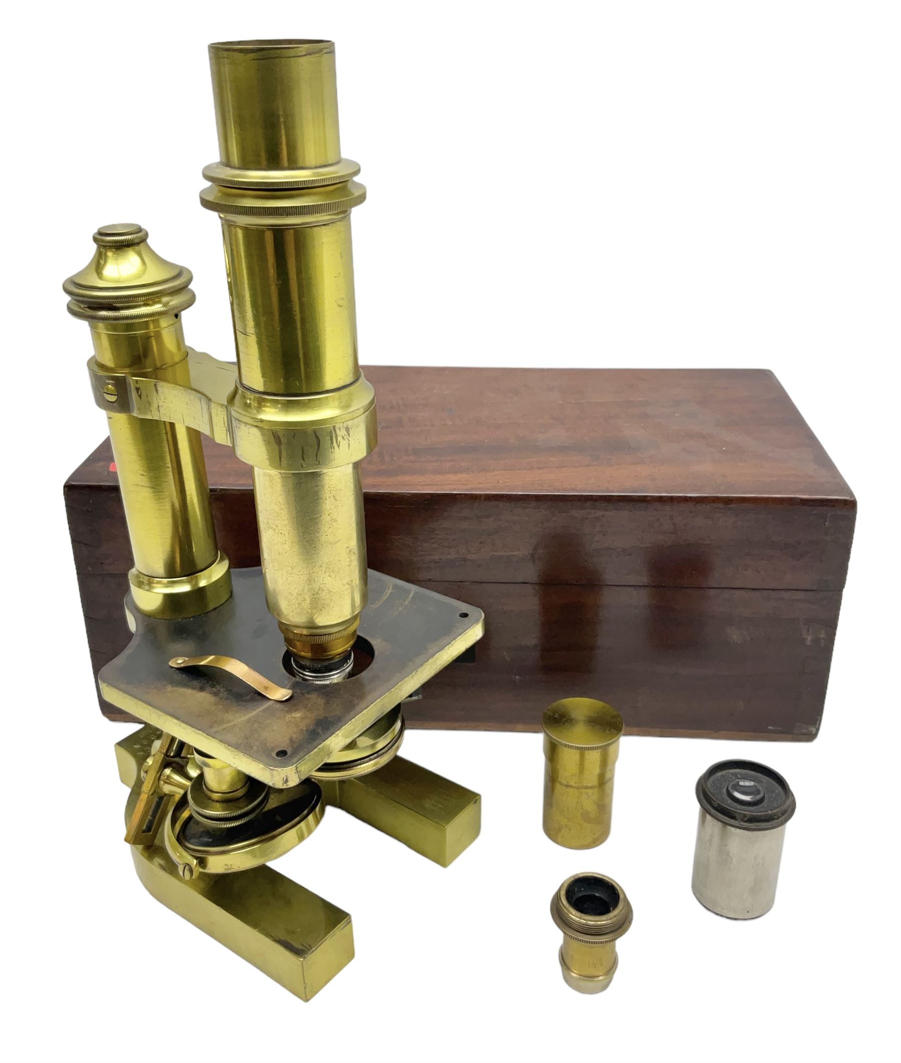 19th century brass monocular microscope by R. & J. Beck London No.18760 with hinged column and pitch