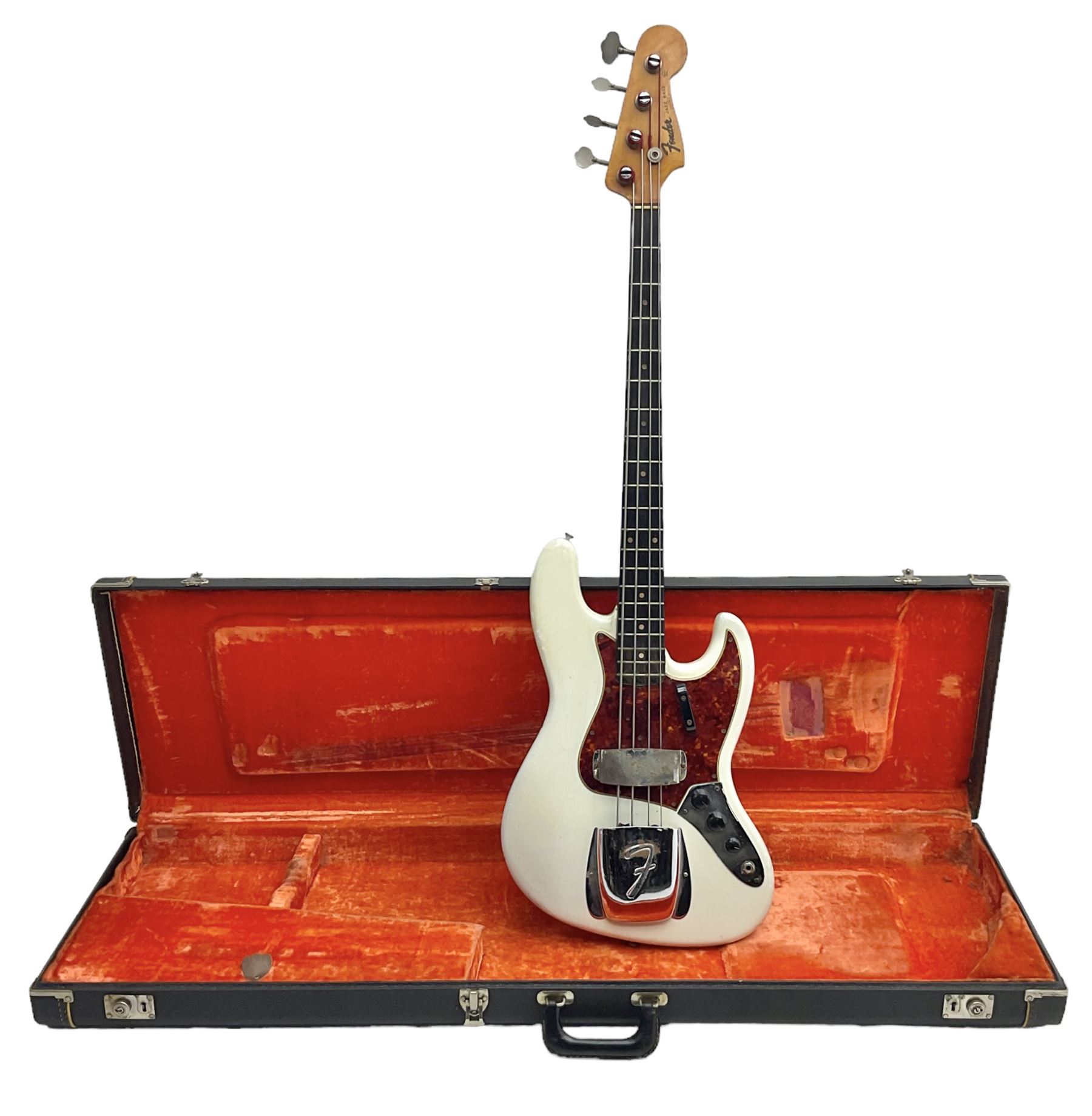 1963 Fender Jazz three-knob bass guitar; impressed with date code 7AUG63A on end of neck and serial