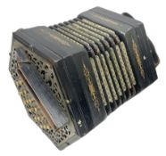 19th century Lachenal concertina of hexagonal form with fretworked nickel ends and thirty-four plus