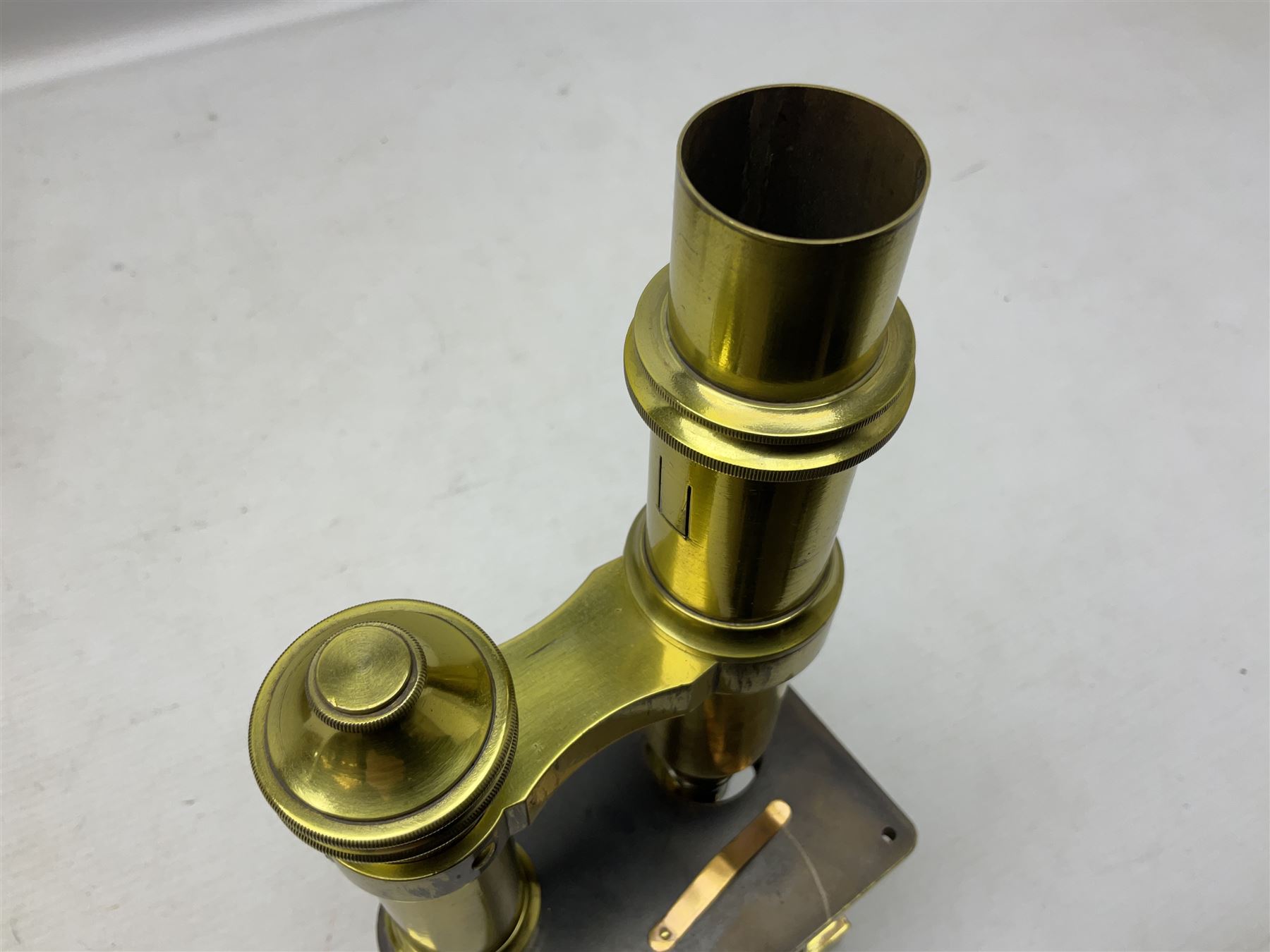 19th century brass monocular microscope by R. & J. Beck London No.18760 with hinged column and pitch - Image 5 of 12