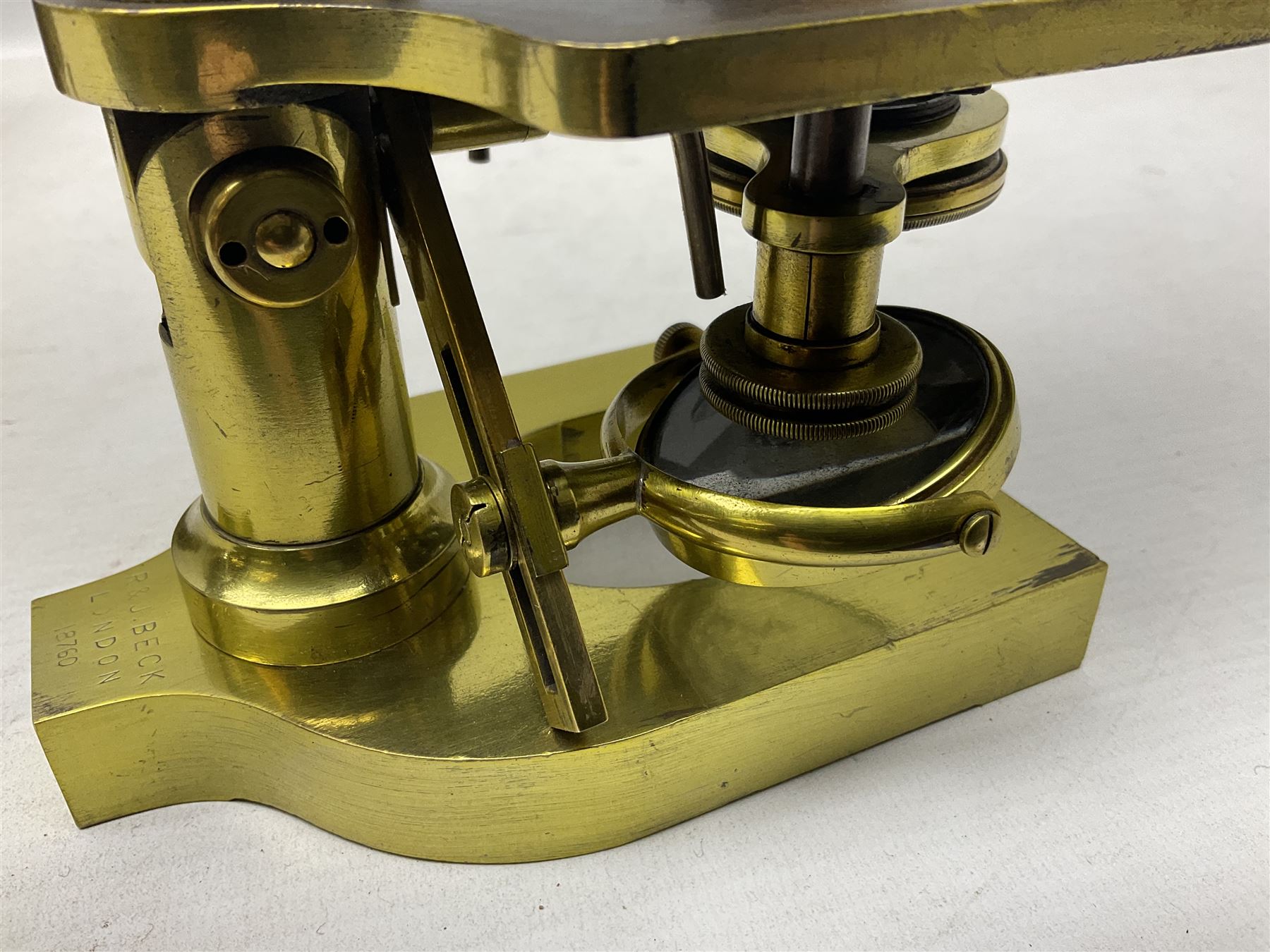 19th century brass monocular microscope by R. & J. Beck London No.18760 with hinged column and pitch - Image 2 of 12