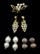 9ct gold pearl jewellery including pair of grape earrings and brooch and two pairs of double pearl s
