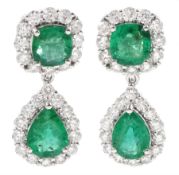 Pair of 18ct white gold pear and round cut emerald and round brilliant cut diamond pendant stud earr