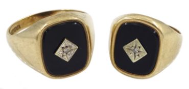 Two 9ct gold black onyx and diamond chip signet rings
