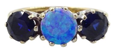 9ct gold three stone opal and synthetic sapphire ring