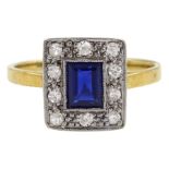 Art Deco 18ct gold milgrain set emerald cut synthetic sapphire and diamond cluster ring
