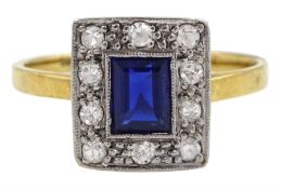 Art Deco 18ct gold milgrain set emerald cut synthetic sapphire and diamond cluster ring