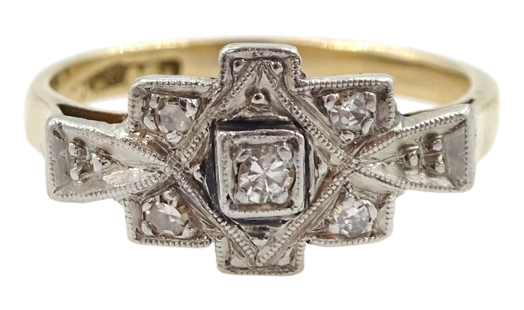 Art Deco 15ct gold and palladium milgrain set five stone diamond panel ring