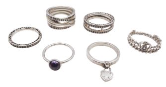 Six Pandora silver stone set rings