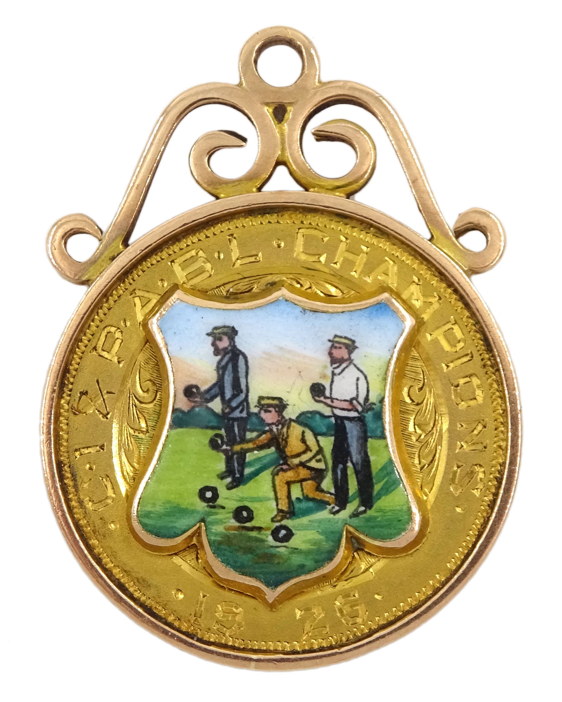 Early 20th century 9ct gold enamel bowling medallion