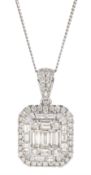 White gold baguette and round brilliant cut diamond pendant