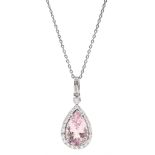 18ct white gold pear shaped morganite and round brilliant cut diamond pendant