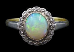 18ct gold milgrain set opal and and diamond cluster ring