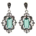 Silver green stone and marcasite filigree design pendant stud earrings