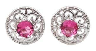 Pair of round silver pink stone and cubic zirconia openwork stud earrings