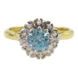 18ct gold round blue zircon and diamond cluster ring