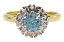 18ct gold round blue zircon and diamond cluster ring