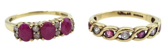 Gold three stone oval cut ruby and round brilliant cut diamond ring and a gold ruby and cubic zircon