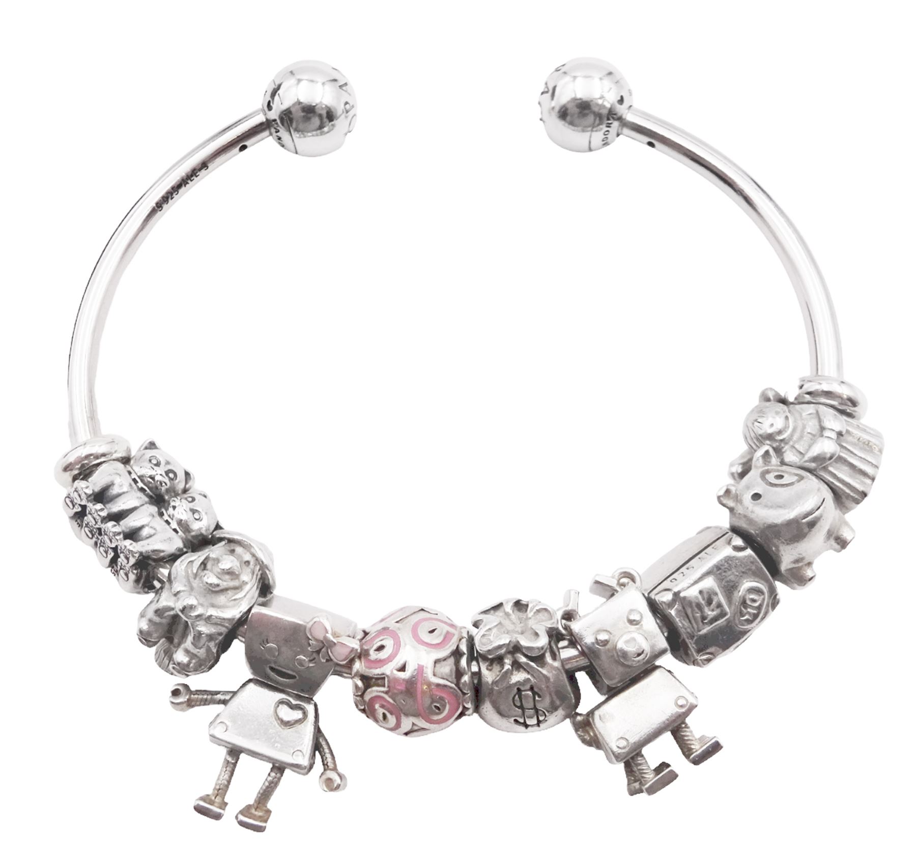 Pandora silver open bangle bracelet with nine silver Pandora charms and two stoppers