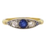 Gold milgrain set five stone diamond and sapphire ring