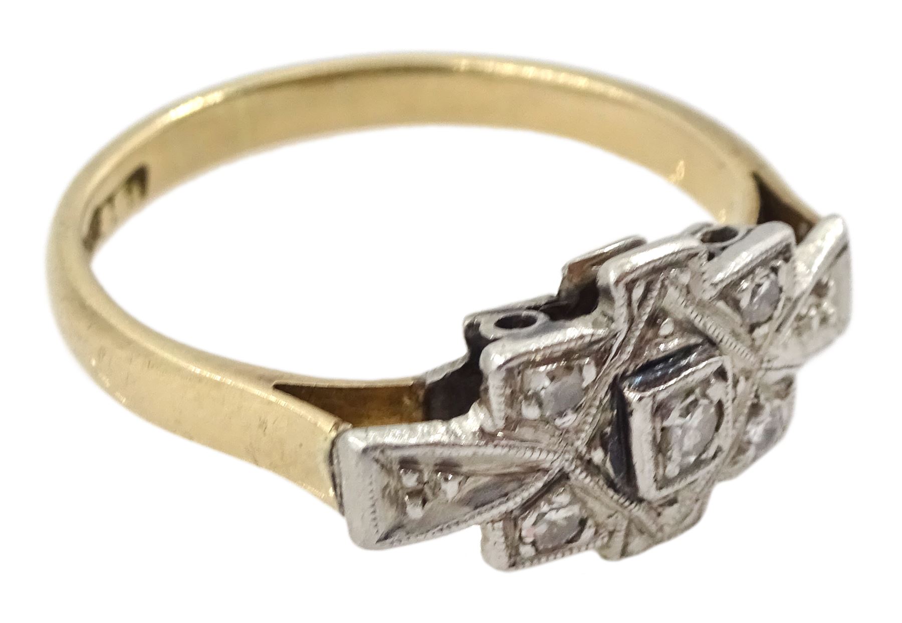 Art Deco 15ct gold and palladium milgrain set five stone diamond panel ring - Image 3 of 4