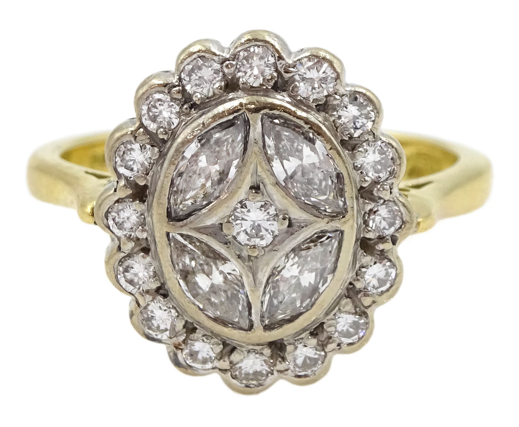 18ct gold diamond marquise cut and round brilliant cut diamond cluster ring