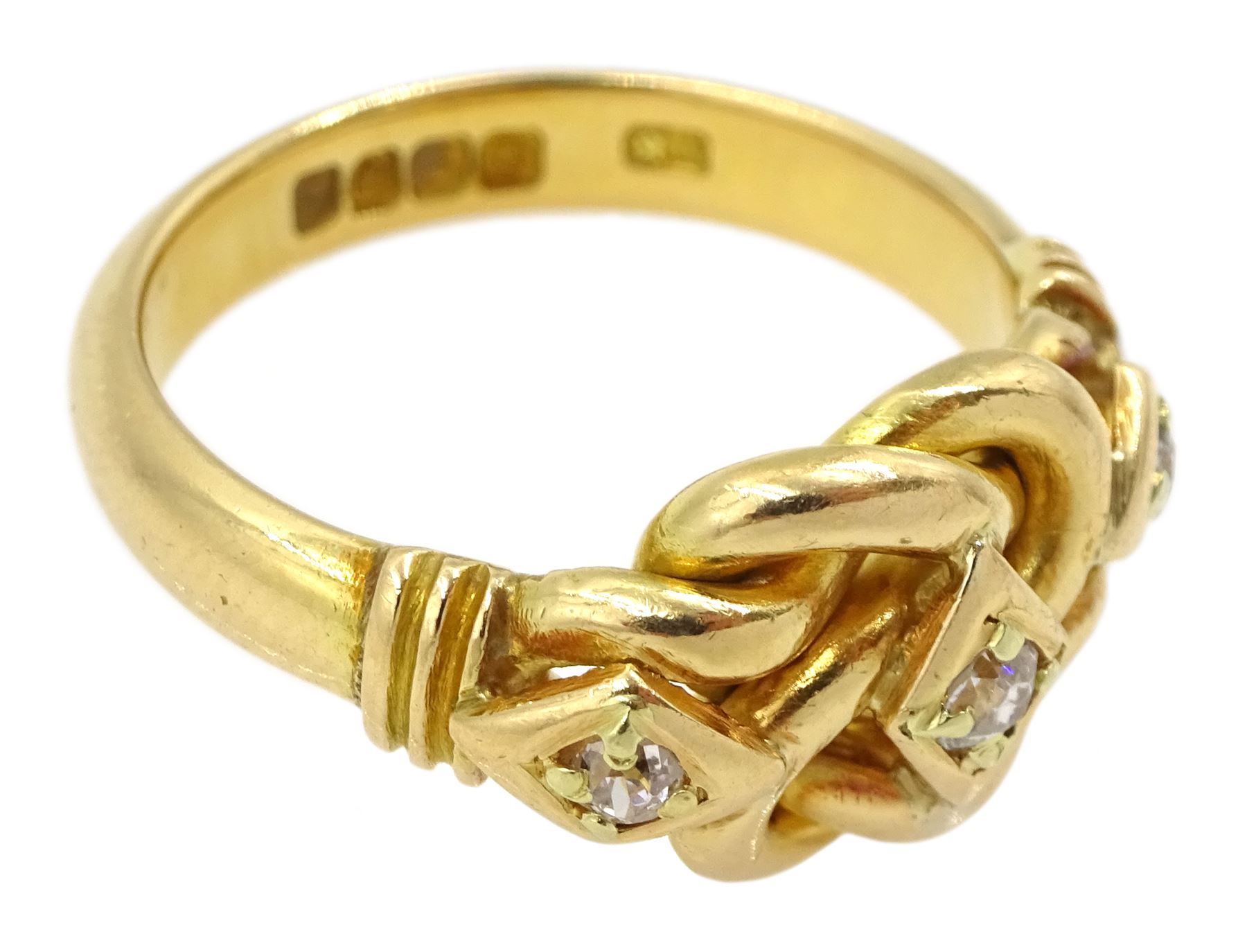 Edwardian 18ct gold three stone old cut diamond love knot ring - Image 3 of 4