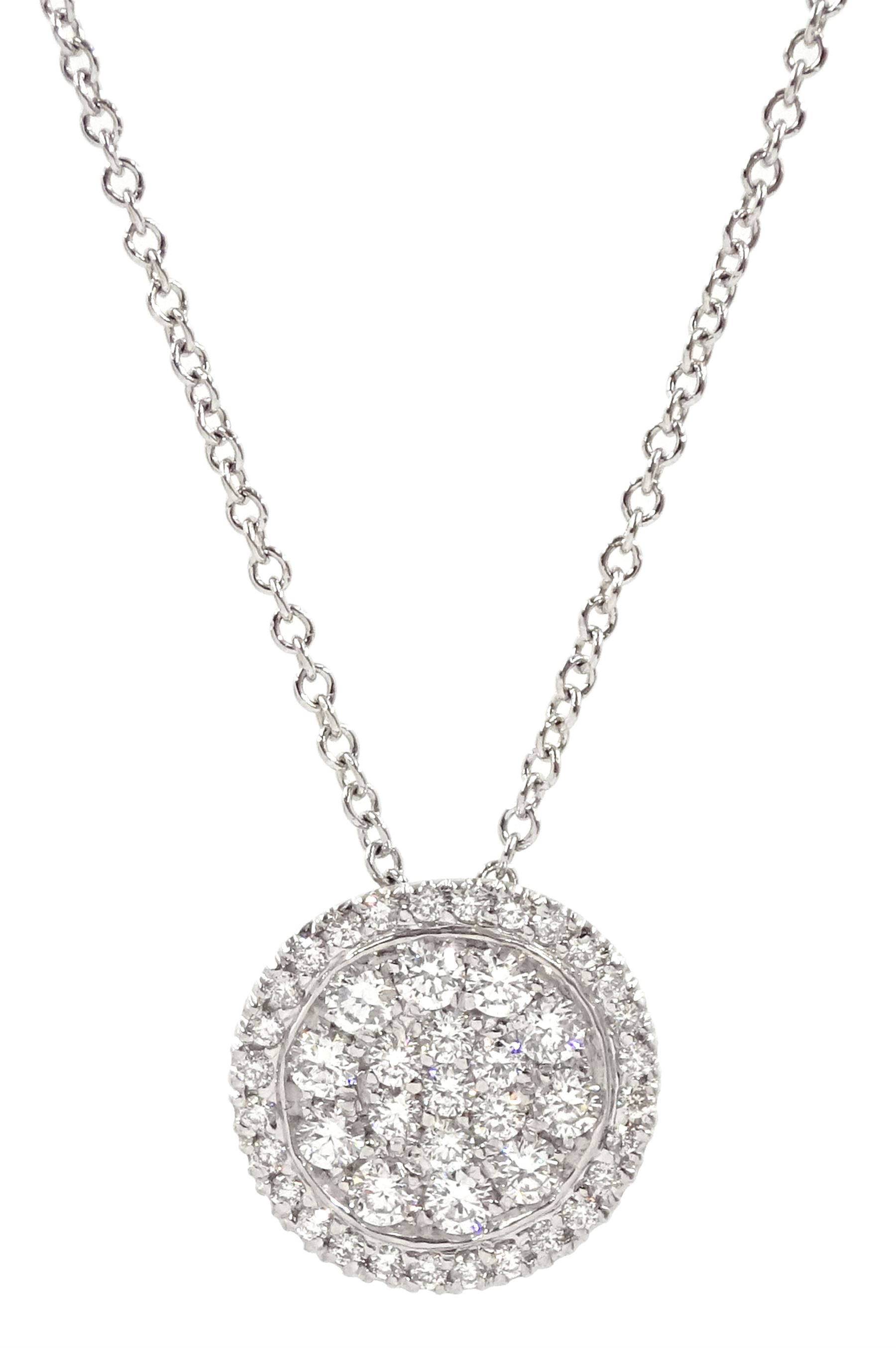 18ct white gold pave set round brilliant cut diamond circular pendant necklace