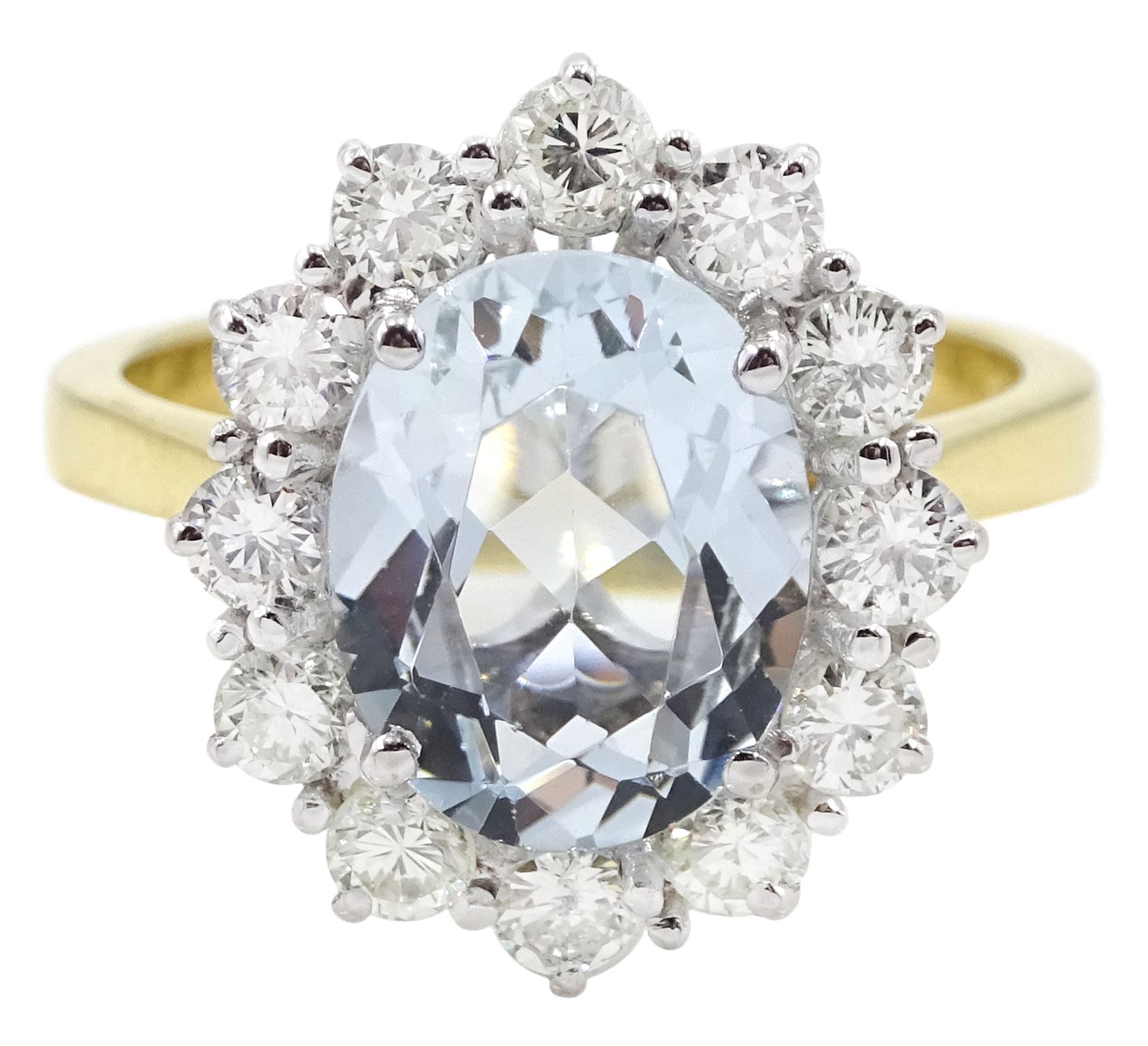 18ct gold oval aquamarine and round brilliant cut diamond cluster ring