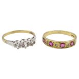 Gold ruby and diamond chip half eternity ring and a gold three stone cubic zirconia ring