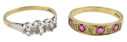 Gold ruby and diamond chip half eternity ring and a gold three stone cubic zirconia ring