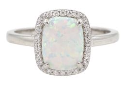 Silver rectangular opal and cubic zirconia cluster ring