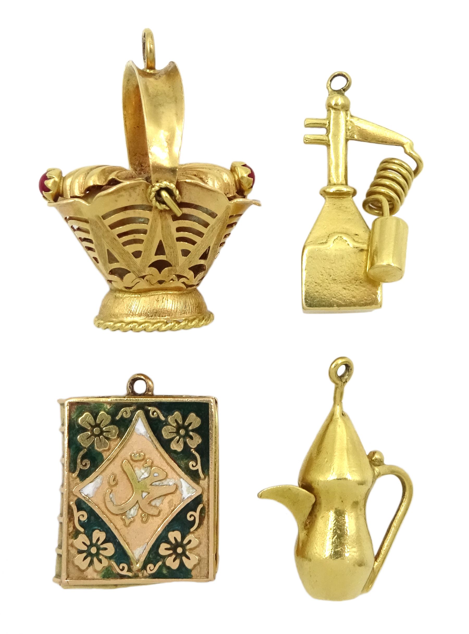 Three 18ct gold pendant/charms including pearl basket