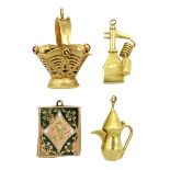 Three 18ct gold pendant/charms including pearl basket