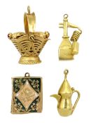 Three 18ct gold pendant/charms including pearl basket