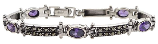 Silver oval amethyst and marcasite link bracelet