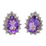 Pair of 9ct gold pear shaped amethyst and diamond stud earrings