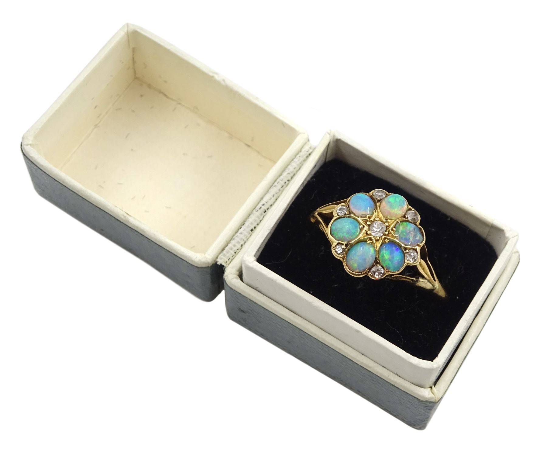 Early 20th century oval opal and diamond flower head cluster ring - Image 4 of 6