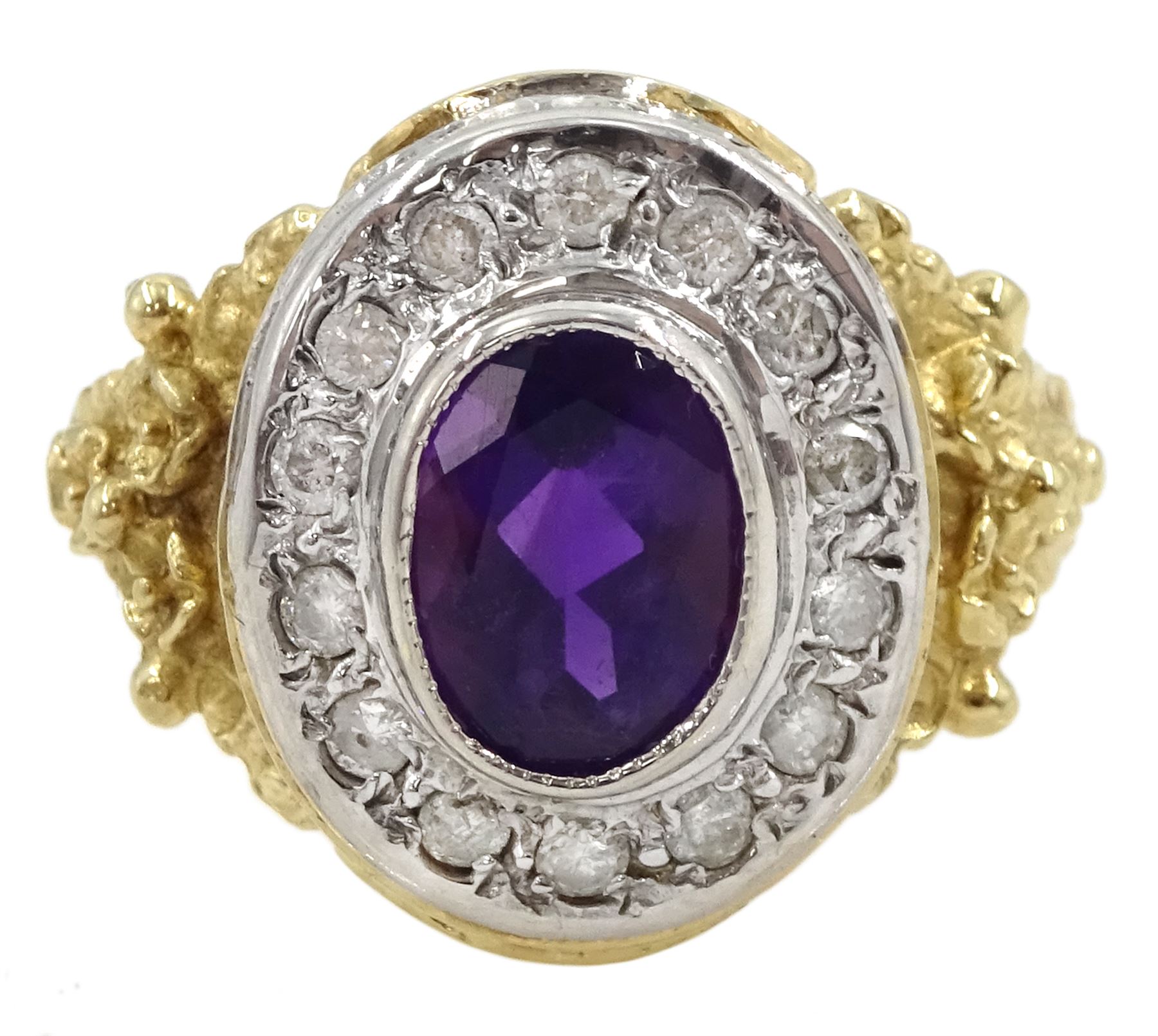9ct gold oval amethyst and diamond cluster ring