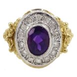 9ct gold oval amethyst and diamond cluster ring