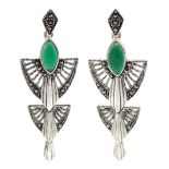 Pair of silver marquise shaped green agate and marcasite openwork pendant earrings